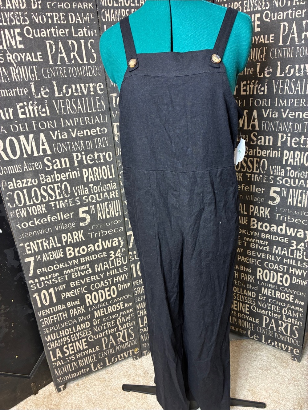 dip Black Wide-Leg Linen-Blend Jumpsuit with Button Straps